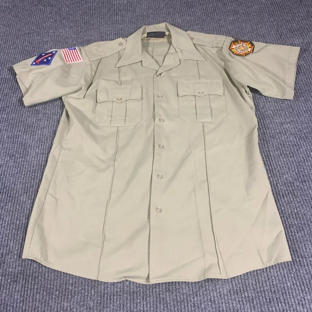 VTG Deputy Shirt Mens 16 Large Beige Button Up Vietnam War Veteran Foreign Patch